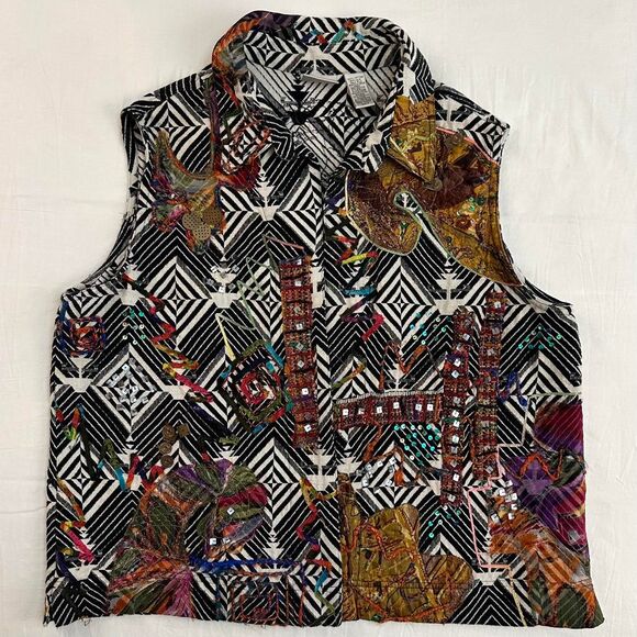 Chicos Maximalist Black & White Vest Silk Heavy Embroidery Rainbow Sz 3/XL Artsy - Picture 1 of 5